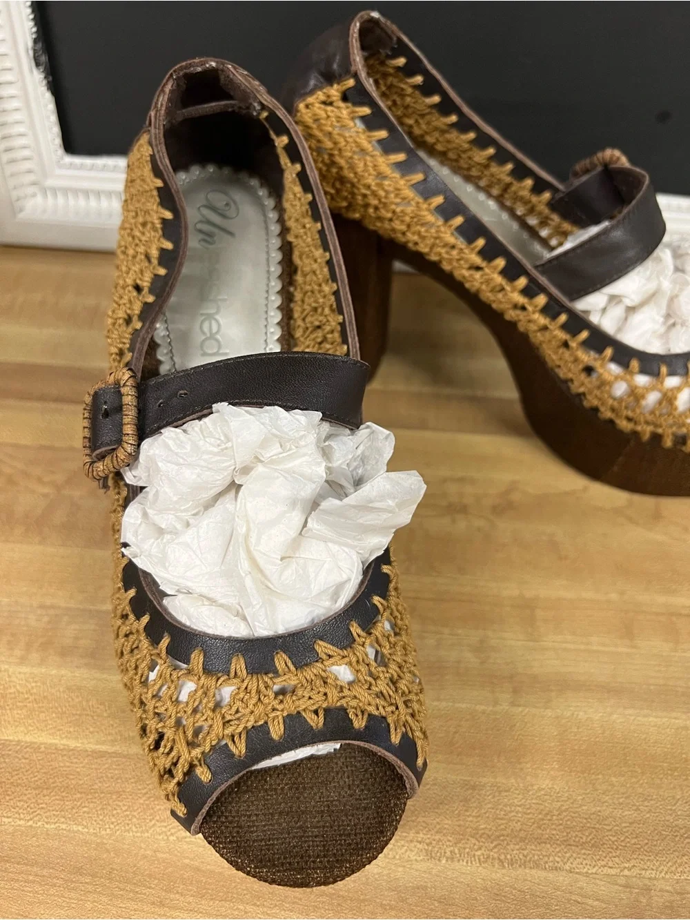 Unleashed Boho macrame chunky Mary Jane strap heels